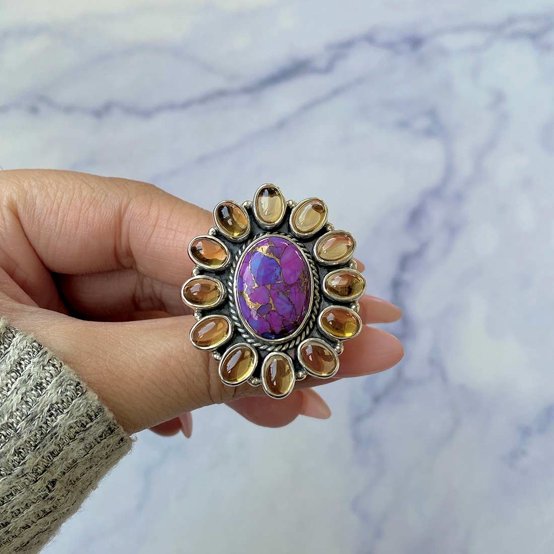 Purple Copper Turquoise And Citrine Flower Adjustable Ring-(TRC-FLR-2.)